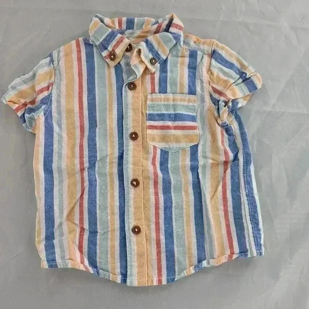 Tommy Bahama boys size 2T stripped short sleeve button down shirt 100% cotton